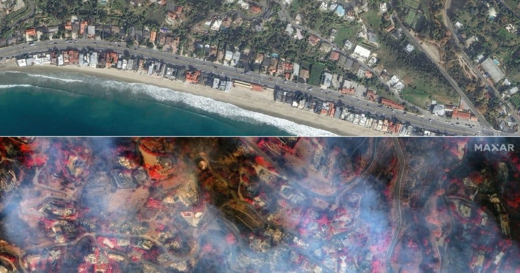 Amploarea incendiilor din California, surprinsă din satelit. Cum arătau anterior zonele acum complet distruse.