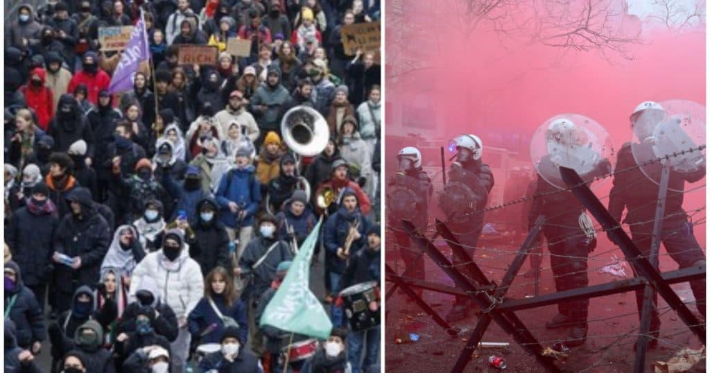 Grevă în Belgia cu peste 60.000 de participanți, împotriva politicii economice: tun cu apă, artificii și trafic aerian complet blocat