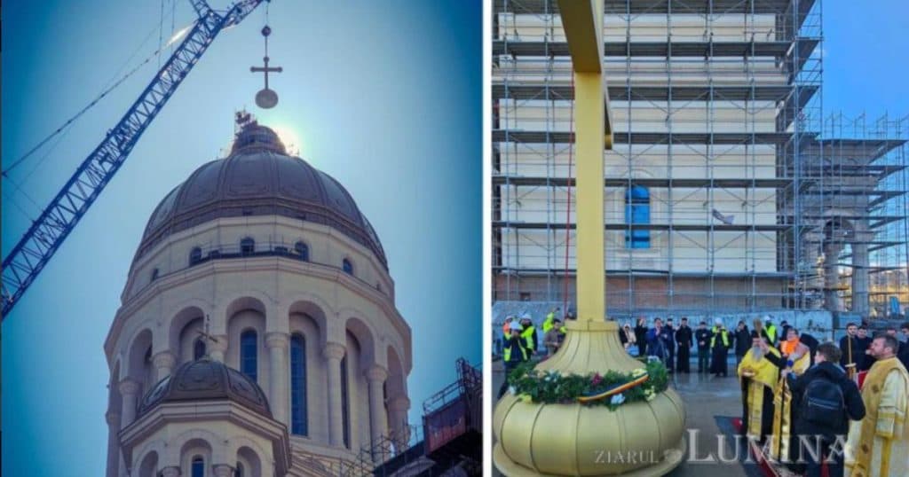 O cruce de 7 tone a fost instalată pe turla principală a Catedralei Mântuirii Neamului.