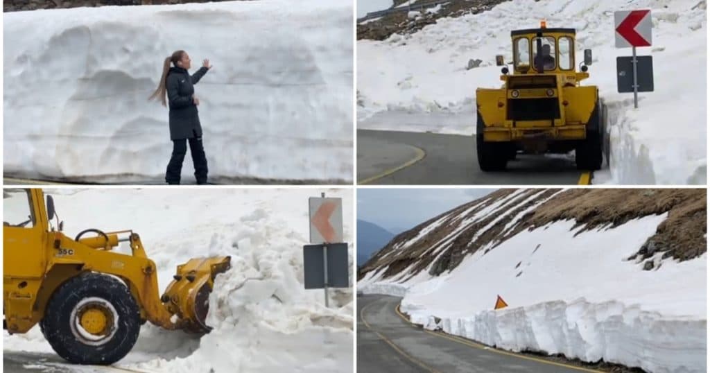 Deszăpezirea pe Transalpina continuă. Imagini cu troienele de pe marginea șoselei, care ajung chiar și la doi metri înălțime.