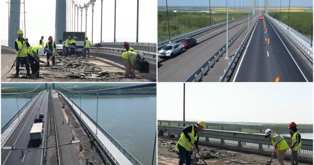 „E treabă de mântuială”. Podul suspendat peste Dunăre, de la Brăila, a fost reasfaltat pentru a cincea oară în doi ani.
