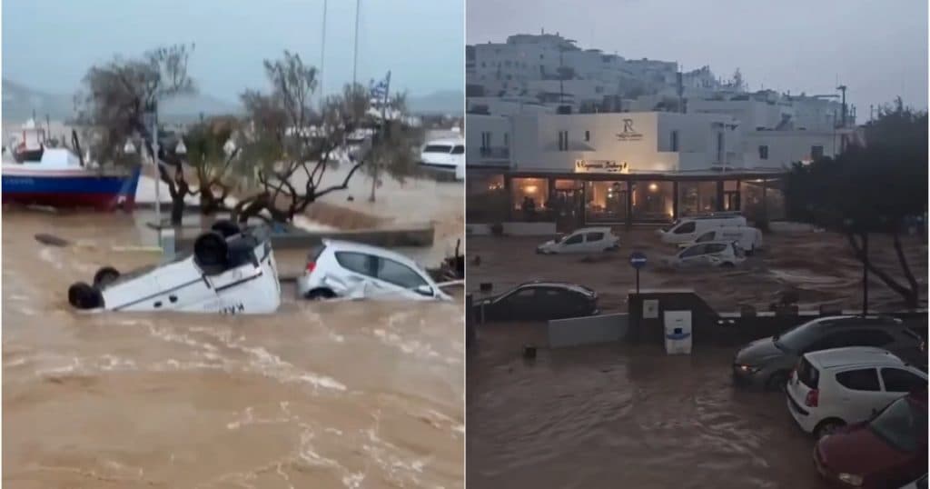 Inundații devastatoare pe insula Paros din Grecia. Pagube considerabile: vehicule luate de ape, locuințe și magazine distruse.