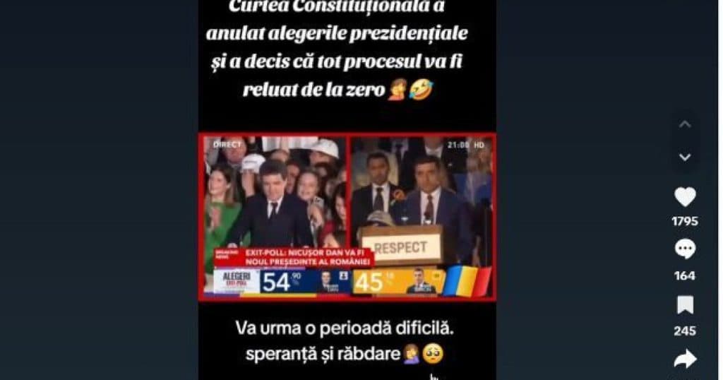 CNA solicită TikTok să elimine o informație falsă care afirmă că alegerile au fost anulate de Curtea Constituțională.