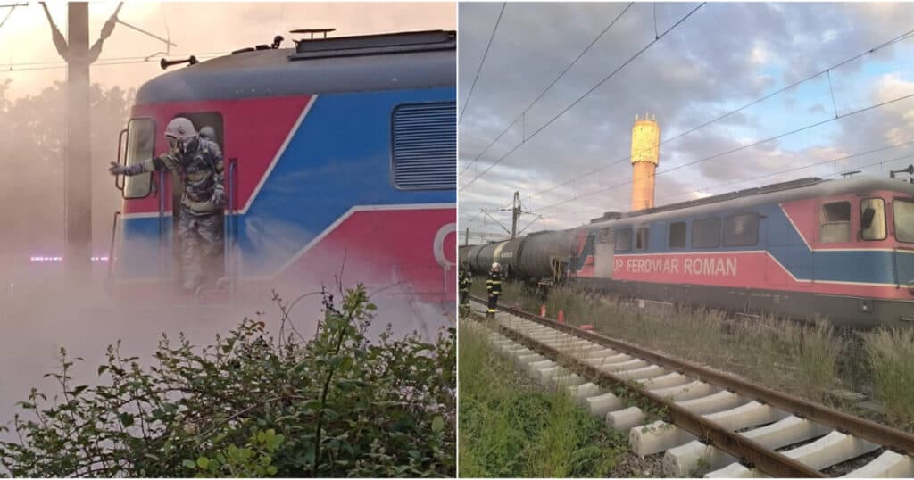 Incendiu la locomotiva unui tren de 36 de vagoane care transporta țiței. Pompierii din Prahova au intervenit.