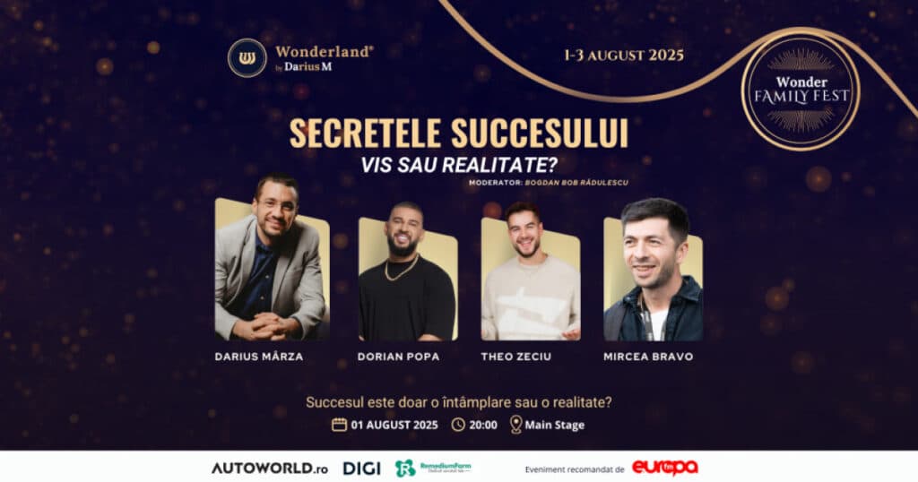 “Secretele succesului. Vis sau realitate? Wonder Family Fest prezintă, în prima zi, pe scena principală, patru voci asociate cu succesul.”