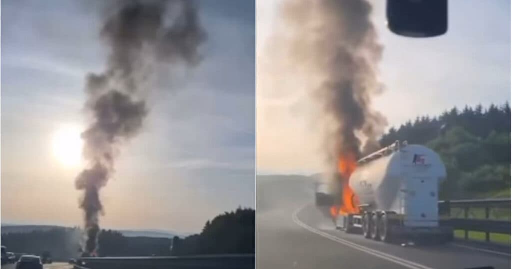 Camion de ciment cuprins de flăcări în Cluj. Incendiul a izbucnit la cabina vehiculului.