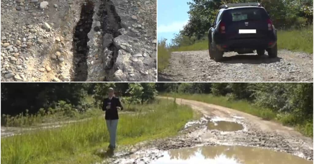Drum județean deteriorat din cauza ploilor și indiferenței. Povestea celor 2,6 kilometri de șosea pentru care nu există fonduri. „Asta-i România”