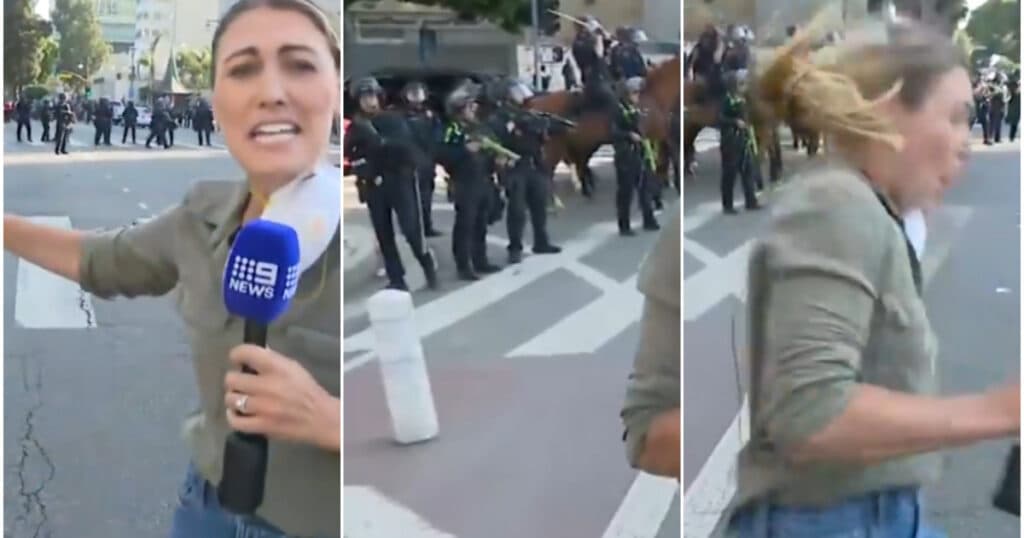 Momentul în care poliția din Los Angeles împușcă o jurnalistă australiană în timpul unei transmisiuni în direct de la proteste.