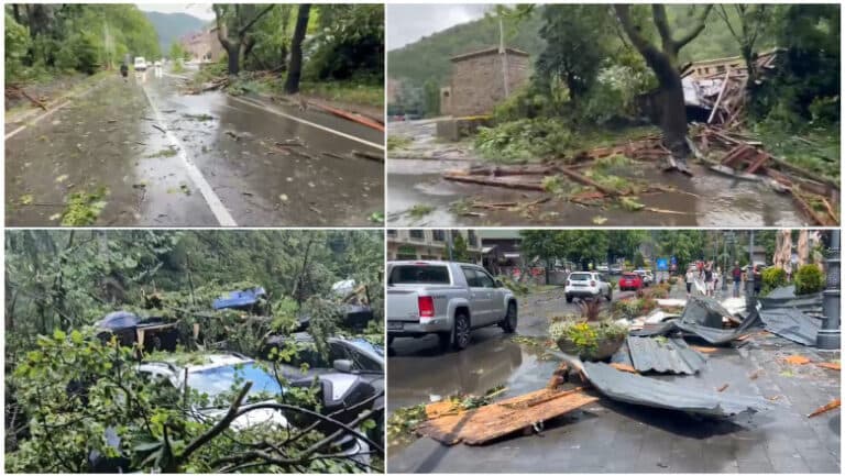 Sinaia, în stare de alertă după o furtună devastatoare: acoperișul gării smuls de vânt, iar DN1 blocat de arbori căzuți.