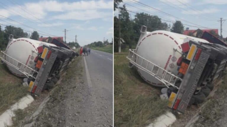 Alertă în Suceava: O cisternă cu 16 tone de motorină s-a răsturnat la Dolhasca