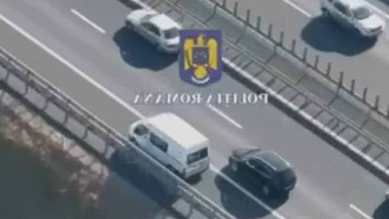„Iată cum a devenit protagonistul unei întâmplări surprinzătoare: șoferul dubei surprins din elicopter pe banda de urgență.”