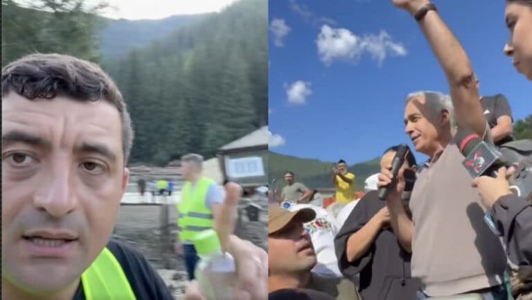 Drumul lui Simion și Georgescu prin locurile afectate de inundații: fanfară militară și vizită la biserică, fiecare pe cont propriu