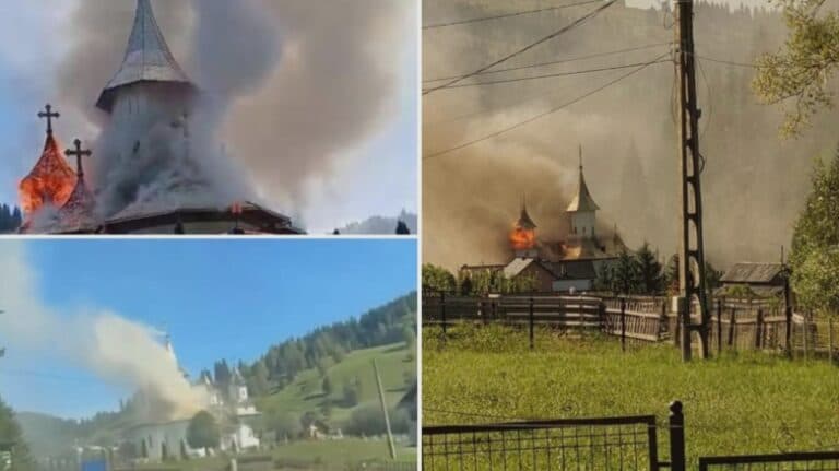Flăcările mistuiesc o biserică din comuna Fundu Moldovei, județul Suceava