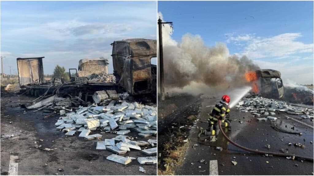 Accident devastator pe DN56 A în Mehedinți: două camioane și un autoturism în flăcări, după o coliziune puternică