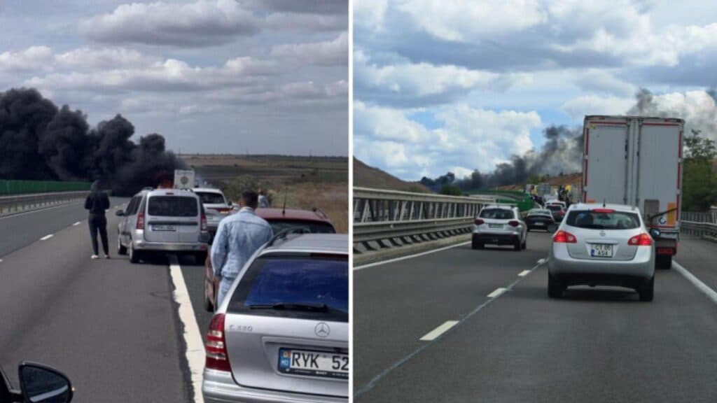 A2 blocată complet după ce un TIR plin cu granule de plastic a fost mistuit de flăcări