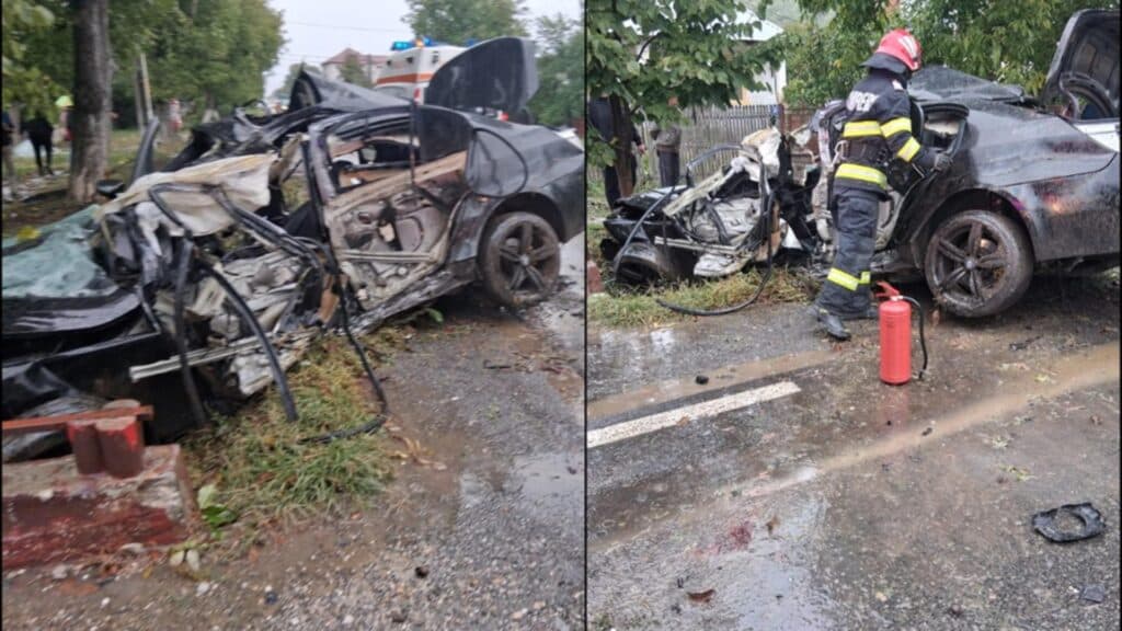 Coliziune devastatoare: un BMW distrus, două victime, iar șoferul se zbate între viață și moarte