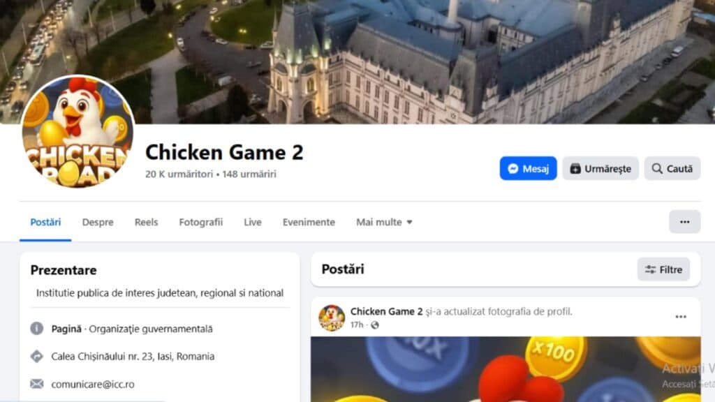 Consiliul Județean Iași, atacat cibernetic: pagina de Facebook transformată în Chicken Game 2 cu o găină ca simbol