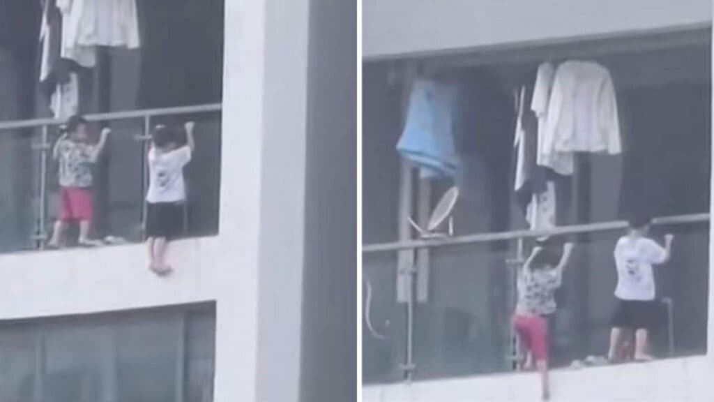 Momente de teroare la etajul 13! Doi copii, în pericol pe marginea balconului unui apartament din China