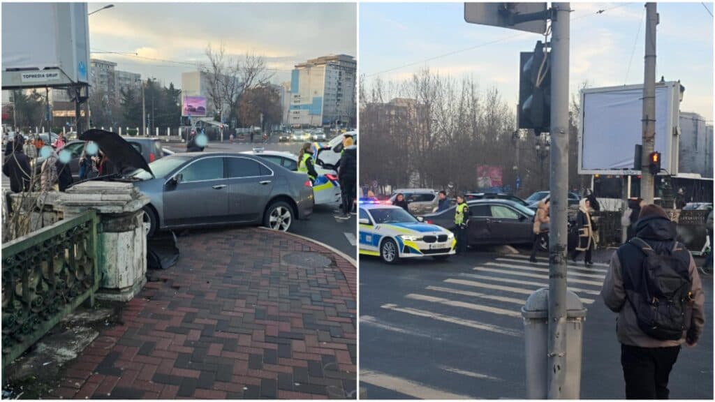 Un accident spectaculos în Capitală: O mașină a zburat de pe podul Dâmboviței și a aterizat pe trotuar