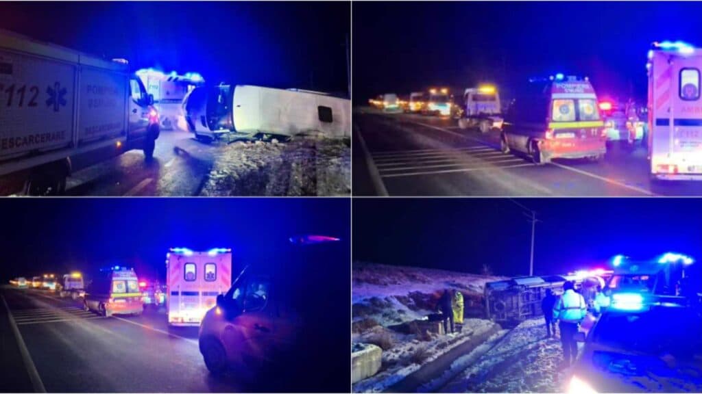 Incident alarmant în Suceava: un microbuz cu 11 pasageri s-a răsturnat pe drum