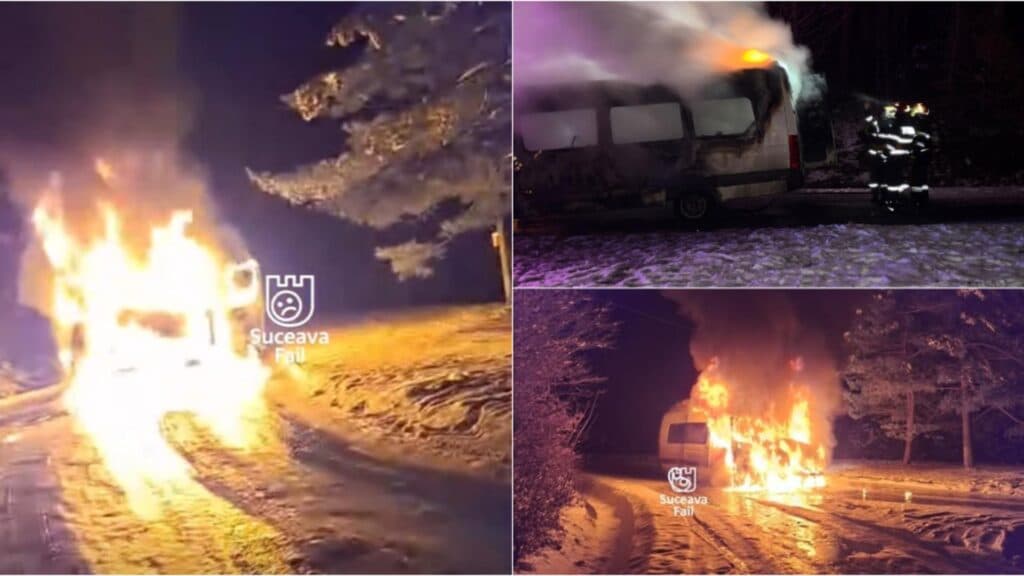 Incendiu devastator în Suceava: microbuz de pasageri mistuit de flăcări