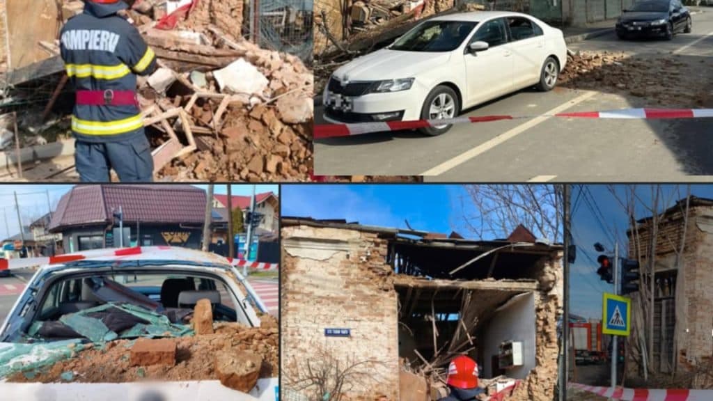 Perete prăbușit peste o mașină staționată la semafor în Giurgiu: Cinci persoane au scăpat cu viață printr-o minune
